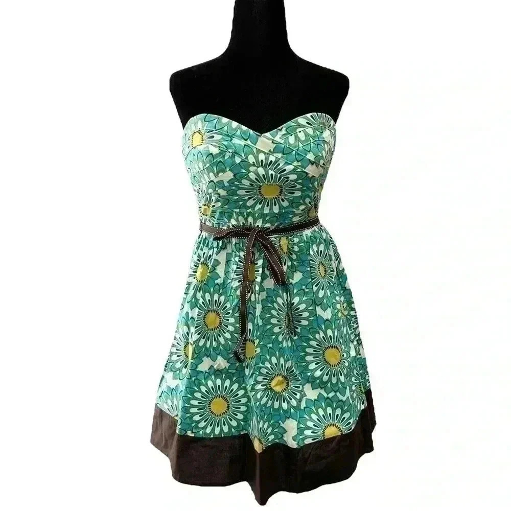 Trixxi Strapless Fit & Flare Dress Sweetheart Neck Green Black Floral Size XXS